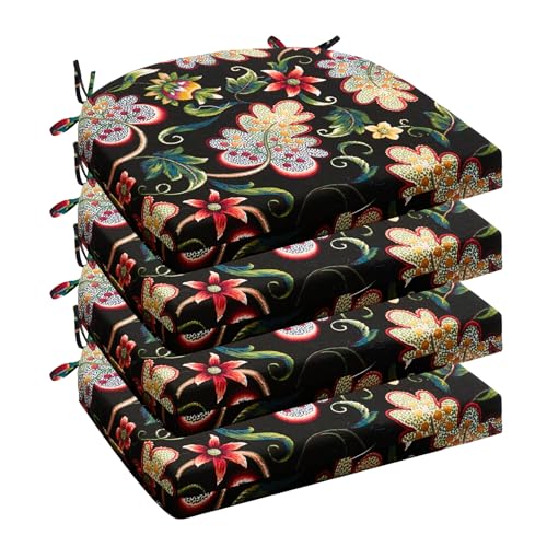 Wellsin Outdoor Chair Cushions for Patio Furniture - Patio Chair Cushions Set of 4 - Water Resistant Round Corner Outdoor Seat Cushions 17"X16"X2", Flower Black - color: Flower Black, size: 17"x16"x2"(Pack of 4)