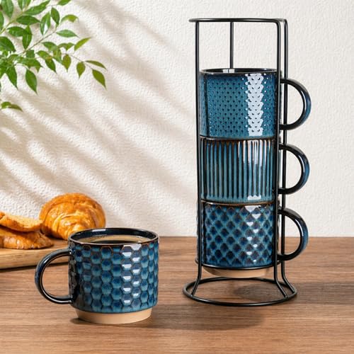 GBhome 12 OZ Stackable Coffee Mugs Set of 4, Ceramic Coffee Cups Set | Coffe Cups With Saucer and Stand, Dishwasher&Microwave Safe, 4 Assorted Designs - color: Deep Sea, size: 12oz (With Stand)