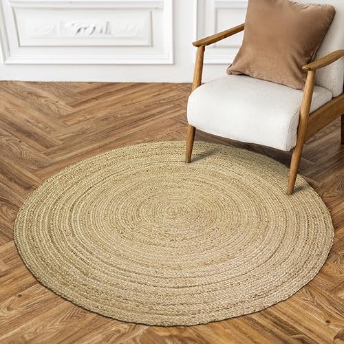 Hausattire Jute Braided Round Rug, Natural, 3 ft | 100% natural jute, hand woven, reversible, boho farmhouse style, entryway/nursery/kitchen use - color: Natural, size: 3' (Round)