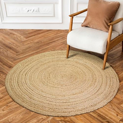 Hausattire Jute Braided Round Rug, Natural, 3 ft | 100% natural jute, hand woven, reversible, boho farmhouse style, entryway/nursery/kitchen use - color: Natural, size: 3' (Round)