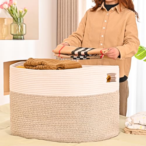 ICERZCZ Extra Large Blanket Basket for Living Room, Rectangle Woven Cotton Rope Storage for Blankets, Toys, Clothes, Shoes, 25”x16”x16”, Off White & Brown, 108L - color: Off White & Brown, size: 25”x16”x16”