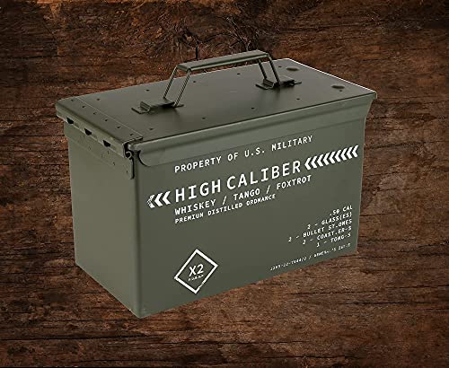 Whiskey Glasses and Stones in Unique Tactical Box Display | Bourbon Cocktail Cups, Coasters and Tongs | Gifts for Men | Glass Set