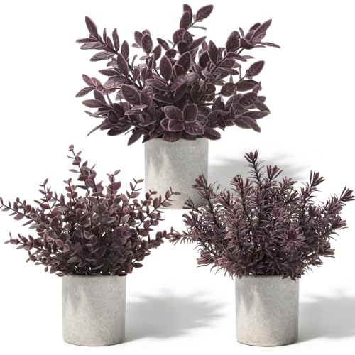Der Rose 3 Pack Plum Eucalyptus Fake Plantsfor Halloween Bathroom Decor | Mini fake plants in blue pots for shelf, desk and bedroom decor; no watering, easy care, and a thoughtful gift - color: Plum