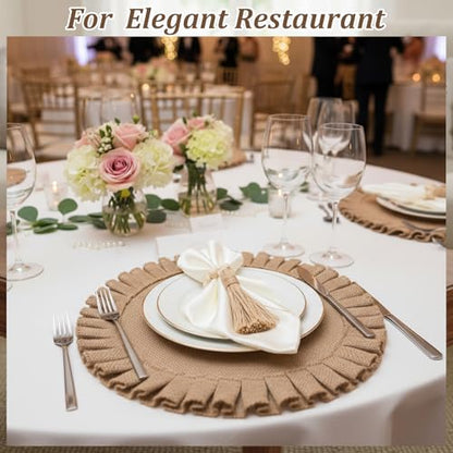 18 Pack Round Burlap Placemats Wood Bead Napkin Rings with Dinner Napkins Cloth, Jute Heat Resistant Placemats Boho Wooden Rings for Plates Wedding Dining Table