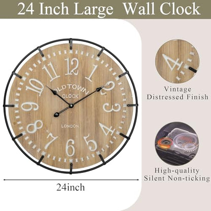 EMAX HOME 24 Inch Large Farmhouse Wall Clock - Rustic Antique Wood, Silent Battery Operated Clock for Office Kitchen Bedroom Living Room - color: Brown, size: 24 Inch Arabic numerals