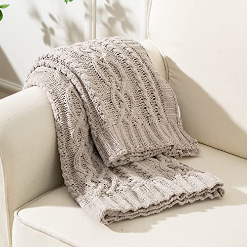 Battilo Light Grey Throw Blanket for Couch, Woven Chenille Knit Throw Blanket Versatile for Chair, 51 x 67 Inch Super Soft Warm Decorative Blanket for Bed, Sofa and Living Room | Cable Knit Throw Blanket, Soft Cozy Woven Chenille Throw Blanket for Bed, So