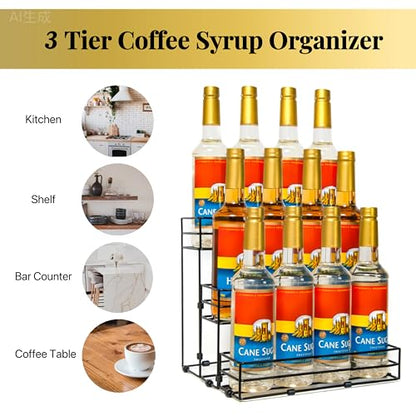 12 Bottles Coffee Syrup Organizer, 3 Tier Syrup Stand, Syrup Rack | Coffee Syrup Holder for Coffee Bar Station, Syrup Rack Organizer,Wine Rack for Countertop, Bottle Rack for Cocktail, Dressing - size: 3-Tier