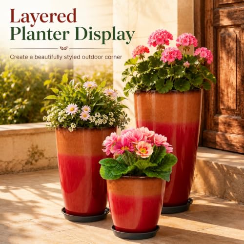 Neoaider Set of 3 Tall Planter, 24/21/12in Large Plastic Planter, Firey Red | Ceramic-Look, Lightweight, Built-in Drain Hole, Saucers, Tall Outdoor Planter for Porch, Garden, Patio, Balcony - color: Fiery Red