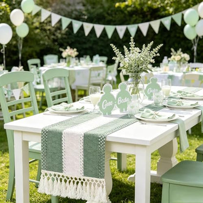 72" Sage Green Table Runner, Boho Woven Cotton with Tassels, Wedding - color: Sage Green, size: 72 inches