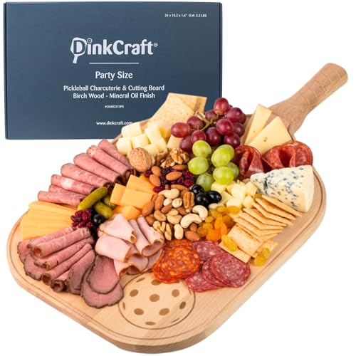 Pickleball Charcuterie & Cutting Board, Pickleball Gift, Party Size - 22.5 x 5.5 x 0.75”, Birch Wood, Paddle Shape with Handle, Mineral Oil Finish - size: 22.5"L x 12.8"W