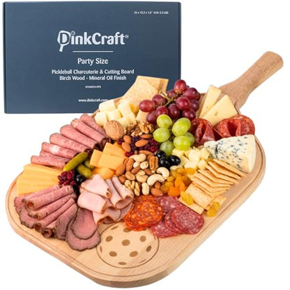 Pickleball Charcuterie & Cutting Board, Pickleball Gift, Party Size - 22.5 x 5.5 x 0.75”, Birch Wood, Paddle Shape with Handle, Mineral Oil Finish - size: 22.5"L x 12.8"W