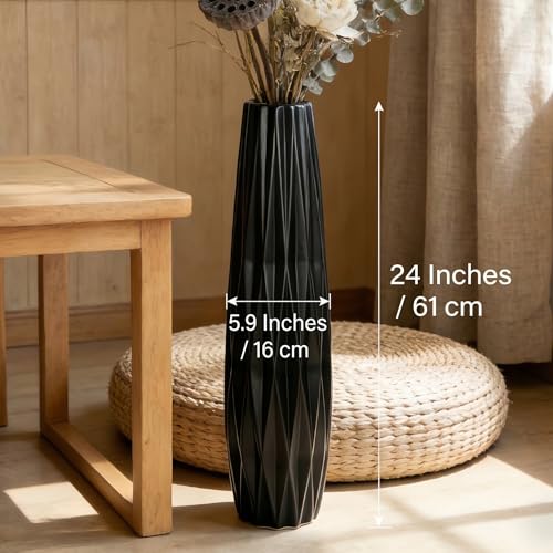 Black Tall Ceramic Floor Vase, 24 Inch, Ribbed Design | Matte Finish, Living Room, Fireplace, Entryway, Pampas Grass - size: 24 Inch