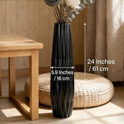 Black Tall Ceramic Floor Vase, 24 Inch, Ribbed Design | Matte Finish, Living Room, Fireplace, Entryway, Pampas Grass - size: 24 Inch