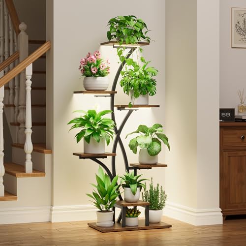 MJOMKN 47" Corner Plant Stand Indoor with Grow Lights, 7 Tiered | Metal Flower Display Holder, Flower-Shaped Plant Rack, For Multiple Plants, For Living Room, Patio