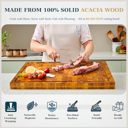 Bearchop Acacia Wood Cutting Board for Kitchen, Wooden Butcher Block with 4-Side Reinforced Bar for Anti Crack/Warp, [17"x13"x1"] Medium End Grain Cutting Boards with Gift Box, Juice Groove, Handle