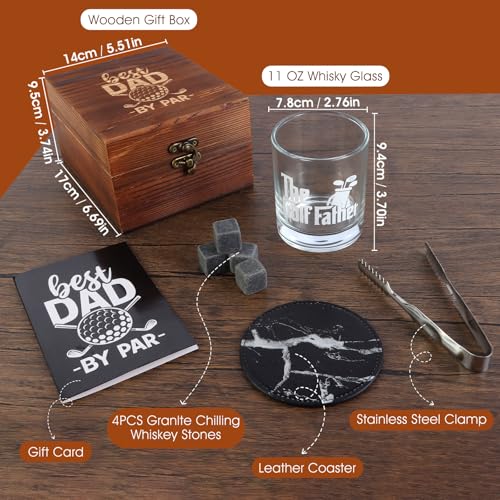 Bayelove Whiskey Glass Gifts for Golf Dad, Best Gift for Men, Gift with 12oz Whiskey Glasses, Stones, Coaster, Wooden Box for Golf-Dad - color: Golf Dad
