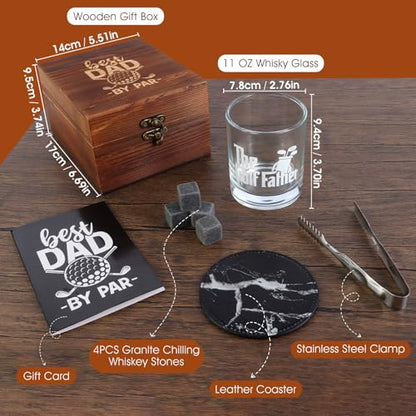 Bayelove Whiskey Glass Gifts for Golf Dad, Best Gift for Men, Gift with 12oz Whiskey Glasses, Stones, Coaster, Wooden Box for Golf-Dad - color: Golf Dad