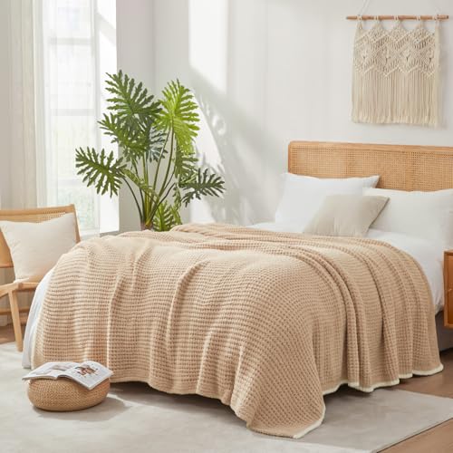 Snuggle Sac Beige Waffle Bedding Blankets Queen Size 90x90 inches, Reversible Microfiber Fluffy Fuzzy Soft Throw Cozy Knit Blanket for Women Mothers Birthday Gifts - color: Waffle Beige, size: Queen(90"x90")