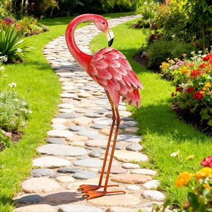 Shorayn Garden Statue Metal Flamingo Pink Life-Size Indoor Outdoor Decor Handmade Bird