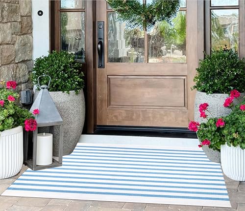 Washable 2x4ft Outdoor Rug,Light Blue and White Striped Front Porch Rug | Cotton Woven Farmhouse Layered Doormat Small Area Rug Combined With Hello Welcome Mat - color: Blue White, size: 2' x 4'3" (Rectangular)