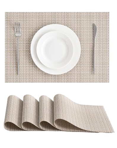 Leetaltree Woven Vinyl Placemats Set of 4, Beige | High Density, Basketweave Woven, Stain Resistant, Easy to Clean, Washable Table Mats for Indoor Dining and Outdoor Patio - color: 00- Beige, size: Set of 4