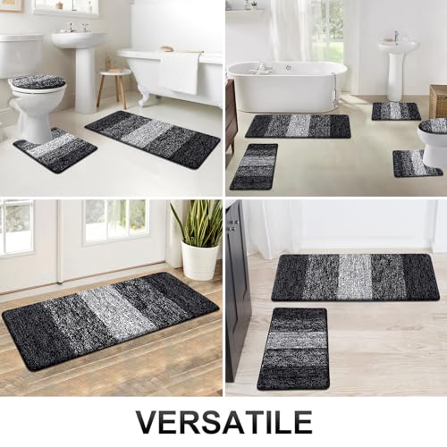 Bsmathom Bathroom Rug Set 5 Piece, Plush Microfiber Bath Mat, Black | Extra Water Absorbent, Non Slip Washable Runner Bath Rugs with Toilet Lid Cover and U-shaped Contour Toilet Mat - color: Black, size: 18"x26"+20"x31"+20"x48"+U20"x24"+Cover19"x21"