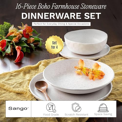 Sango 16-Piece Boho Farmhouse Stoneware Dinnerware Set for 4, Semi-Matte White Plates and Bowls Sets with Rustic Speckled Glaze, Ceramic Dish Set, Modern Dishes, Microwave & Dishwasher Safe, Kaya - color: White
