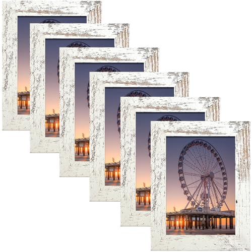 BESCRCL 4x6 Picture Frame Engineered Wood Set of 6, Distressed White Wooden Frame 4 x 6 for Wall or Tabletop - color: Distressed white, size: 4x6