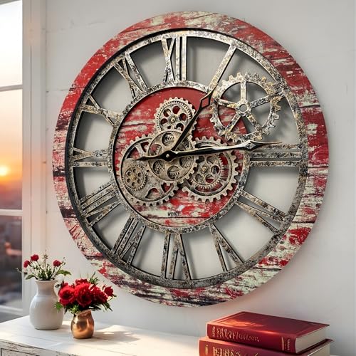 The Gears Clock The Original Real Moving Gear Wall Clock Vintage Industrial Oversized Rustic Farmhouse (24 inch (60cm),Red Lava) - color: Red Lava