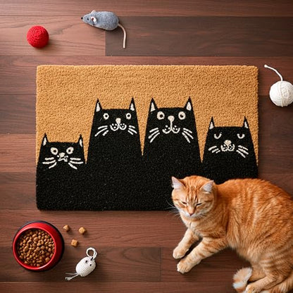 Fisura – Doormat for Outdoor Entrance with Cats Design, Welcome Mat for Front Door Made of Coconut Fiber with Non-Slip PVC Base, Hand-Painted, 30 x 18 Inches. | Doormat with non-slip PVC backing. Black interior doormat. Entrance rug with fun shape. 60 x 4