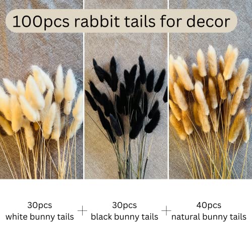 100 Stems Bunny Tails Pampas Grass Dried Flowers | 30pcs Black, 30pcs White, 40pcs Natural Brown, Boho Home & Kitchen Decor, Pampas Grass Decor