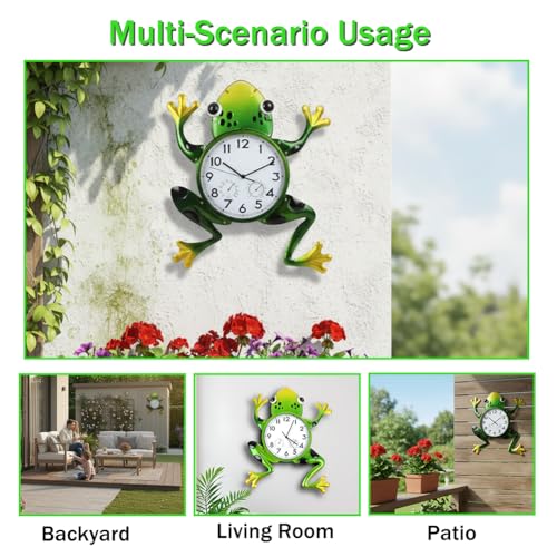 Large Outdoor Clock with Thermometer & Humidity | Silent Non-Ticking, Frog Outdoor Wall Clock, Outside Clock for Patio, Living Room, Kitchen - style: Large-Green Frog