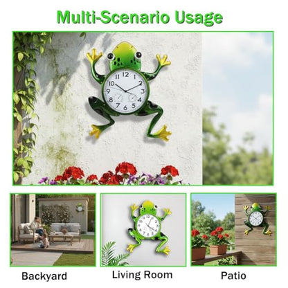 Large Outdoor Clock with Thermometer & Humidity | Silent Non-Ticking, Frog Outdoor Wall Clock, Outside Clock for Patio, Living Room, Kitchen - style: Large-Green Frog