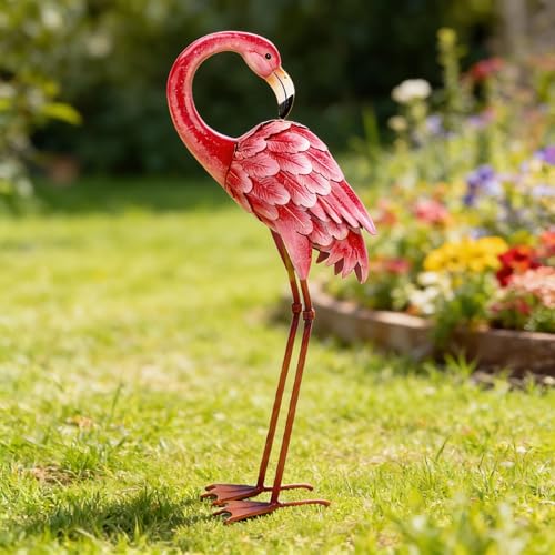 Shorayn Garden Statue Metal Flamingo Pink Life-Size Indoor Outdoor Decor Handmade Bird