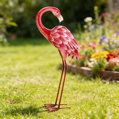 Shorayn Garden Statue Metal Flamingo Pink Life-Size Indoor Outdoor Decor Handmade Bird
