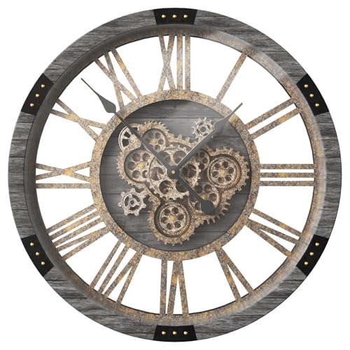 30" Large Moving Gears Wall Clock for Living Room Decor Office Home | Oversized Industrial Rustic Farmhouse Clocks Solid Wood Retro Metal HD Tempered Glass Cover,Carbon Grey - color: Carbon Grey, size: 76cm / 30 inch
