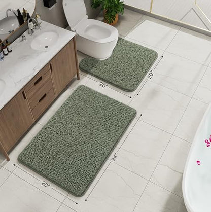 Bathroom Rug Sets 2 Piece, 20"x20" U-Shaped & 21"×34", Sage Green | Toilet Mat Non Slip Bath Mats Floor Set, Washable Bath Rug Set, Absorbent Soft Bathroom Rug - color: Sage Green