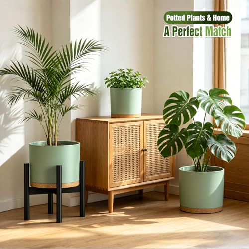 10/9/8 Inch Plant Pots 3 Pack, with Drainage Hole & Saucers | Cylindrical plastic planters with drainage holes & saucers. Modern matte finish, lightweight & durable for indoor/outdoor use - color: Matte Green&brown