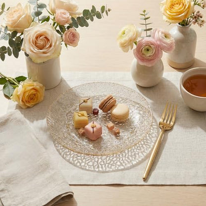 Rubtlamp 200pcs Gold Glitter Plastic Dessert Plates, Hammered 6 Inch Small Plates, Heavy Duty Appetizer Plate with 100 Gold Small Forks, Fancy Cake Snack Plate for Birthday Wedding Teatime - color: Gold glitter