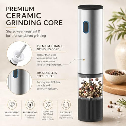 USB Rechargeable Electric Salt Pepper Grinder Stainless Steel Spice Mill