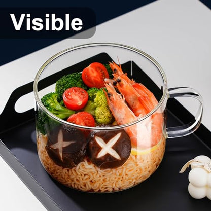 Baalaka Ramen Bowl Microwavable, 34 fl oz Glass Soup Bowl with Lid, 1 Set | Microwave ramen cooker has handles, a vented lid and wood chopsticks; 1000ml glass bowl serves noodles, soup or fried rice - size: normal