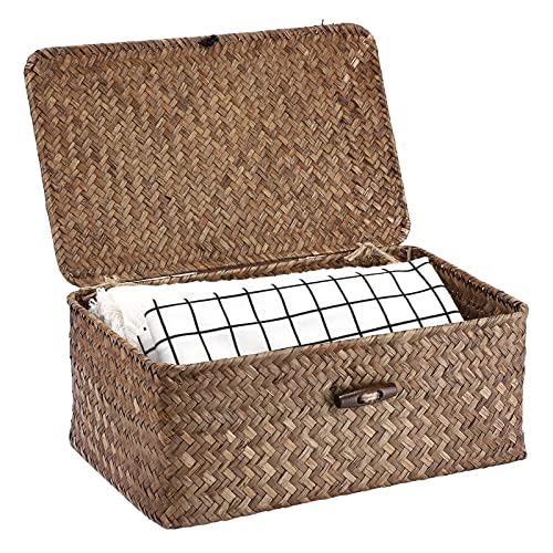 Hipiwe Wicker Shelf Baskets Bin with Lid Small Handwoven Storage Basket Box | Natural Seagrass Basket Bins Rectangular Household Basket Boxes for Shelf Wardrobe Home Organizer, Coffee - color: Coffee, size: Small