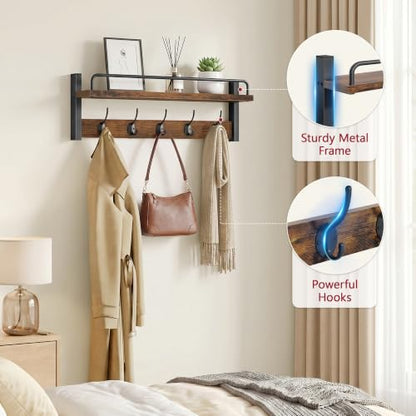 Coat Hanger Wall Mount with Shelf and Guardrail, 16.3" Rustic Brown | Coat Rack Wall Mount with Shelf with 5 Coat Hooks, Storage Entryway Wall Hooks with Shelf for Living Room, Bedroom, Bathroom - size: 16.3 Inch Long
