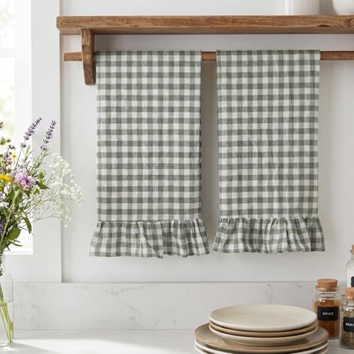HunnmingRe Sage Green Kitchen Towels Set of 2, 100% Cotton Ruffled Gingham Dish Towels 18"x28" Tea Cloths Classic Plaid Pattern for Farmhouse Charm, Drying Dishes, Entertaining Guests - color: Sage Green, style: Gingham
