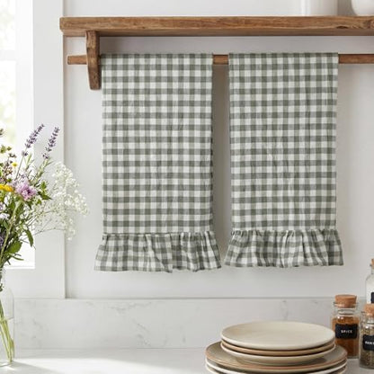 HunnmingRe Sage Green Kitchen Towels Set of 2, 100% Cotton Ruffled Gingham Dish Towels 18"x28" Tea Cloths Classic Plaid Pattern for Farmhouse Charm, Drying Dishes, Entertaining Guests - color: Sage Green, style: Gingham