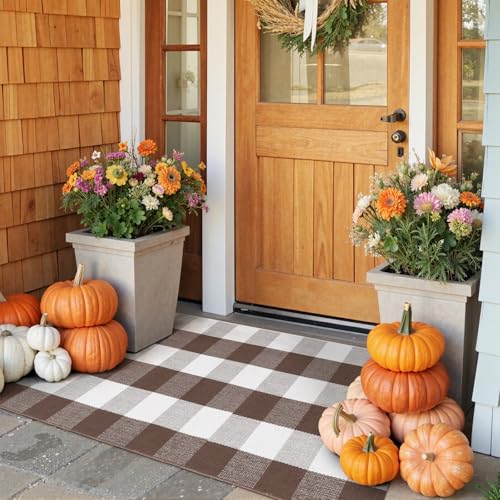KIMODE Fall Decor Front Door Mat Buffalo Plaid Outdoor Front Porch Rug | Fall Farmhouse Checkered,Brown and White,24"x51",Washable,Cotton,Thanksgiving Layered Door Mats Outdoor Autumn Holiday Decor - color: Coffee/White, size: 2' x 4'3" (Rectangular)