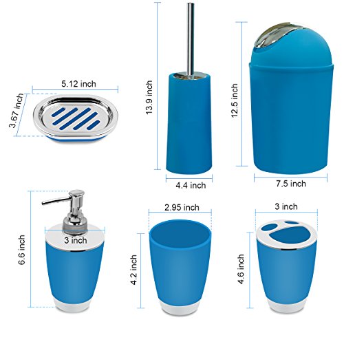 Bathroom Accessories Set, 6-Piece Plastic Gift Set, Toothbrush Holder, Toothbrush Cup, Soap Dispenser, Soap Dish, Toilet Brush Holder, Trash Can (Blue) - color: Blue