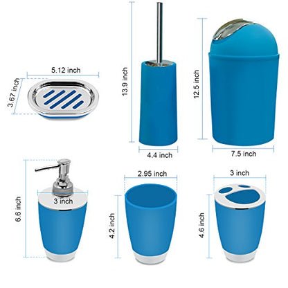 Bathroom Accessories Set, 6-Piece Plastic Gift Set, Toothbrush Holder, Toothbrush Cup, Soap Dispenser, Soap Dish, Toilet Brush Holder, Trash Can (Blue) - color: Blue