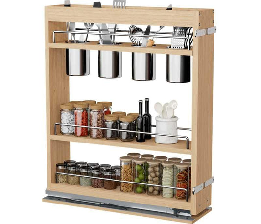 DINDON Pull Out Spice Rack Cabinet Organizer, (5" W x 21.9" D x 25.2" H) Multi-Use Soild Wood Pull Out Cabinet Organizer With 4 Movable Stainless Steel Cutlery Storage Buckets for Kitchen Organization - color: Wood+Stainless Steel, size: 5"W x 21.9"D x 25