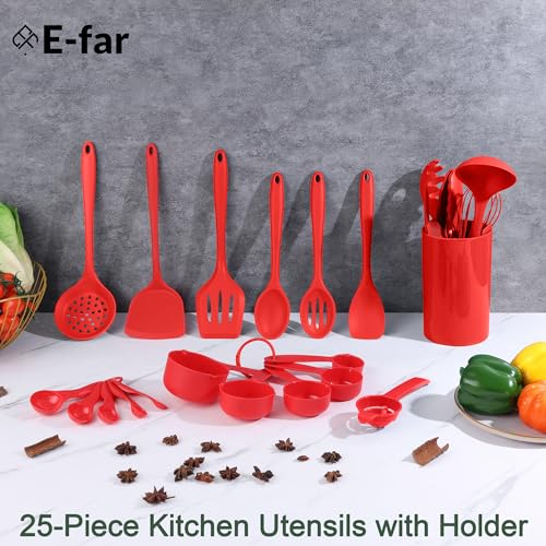 E-far Silicone Cooking Utensils Set, 25 Piece Kitchen Utensils with Holder, Non Toxic Kitchen Tools Spatula, Turner, Spoon, Ladle for Nonstick Cookware, Heat Resistant & Dishwasher Safe - Red - color: Red